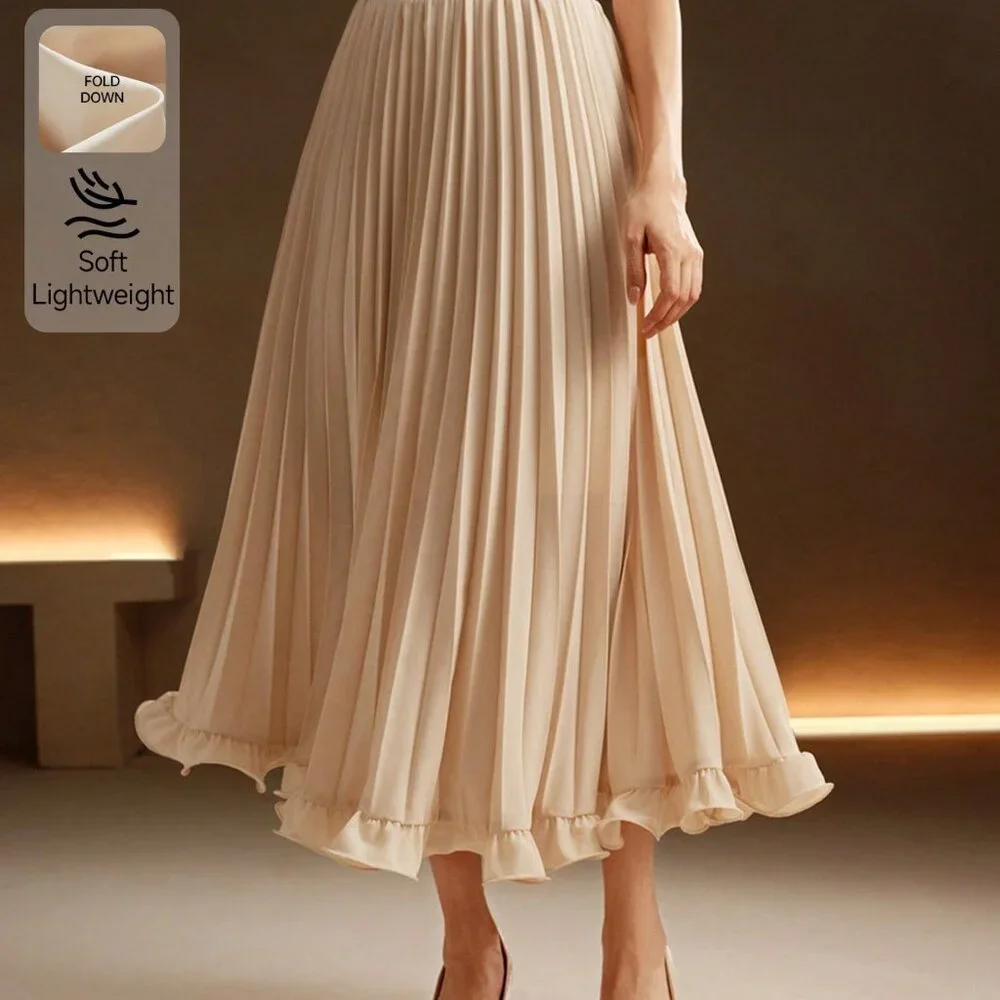 Apricot Elegant Women's Color Pleated Woven Ruffle Hem Skirt - Picture 7 of 7